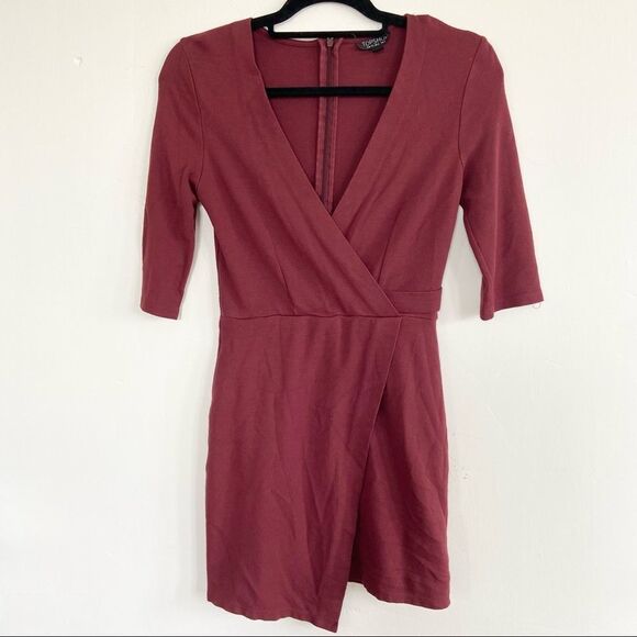 Topshop Dress Faux Wrap Maroon Bodycon Mini Size 2 - Picture 2 of 6